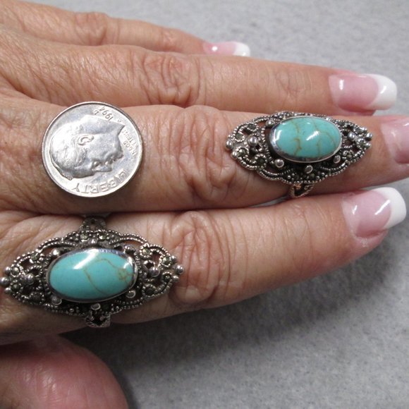Stunning 925 Sterling Silver TURQUOISE & MARCASITE Filigree Ring>Long & Elegant - Picture 5 of 6